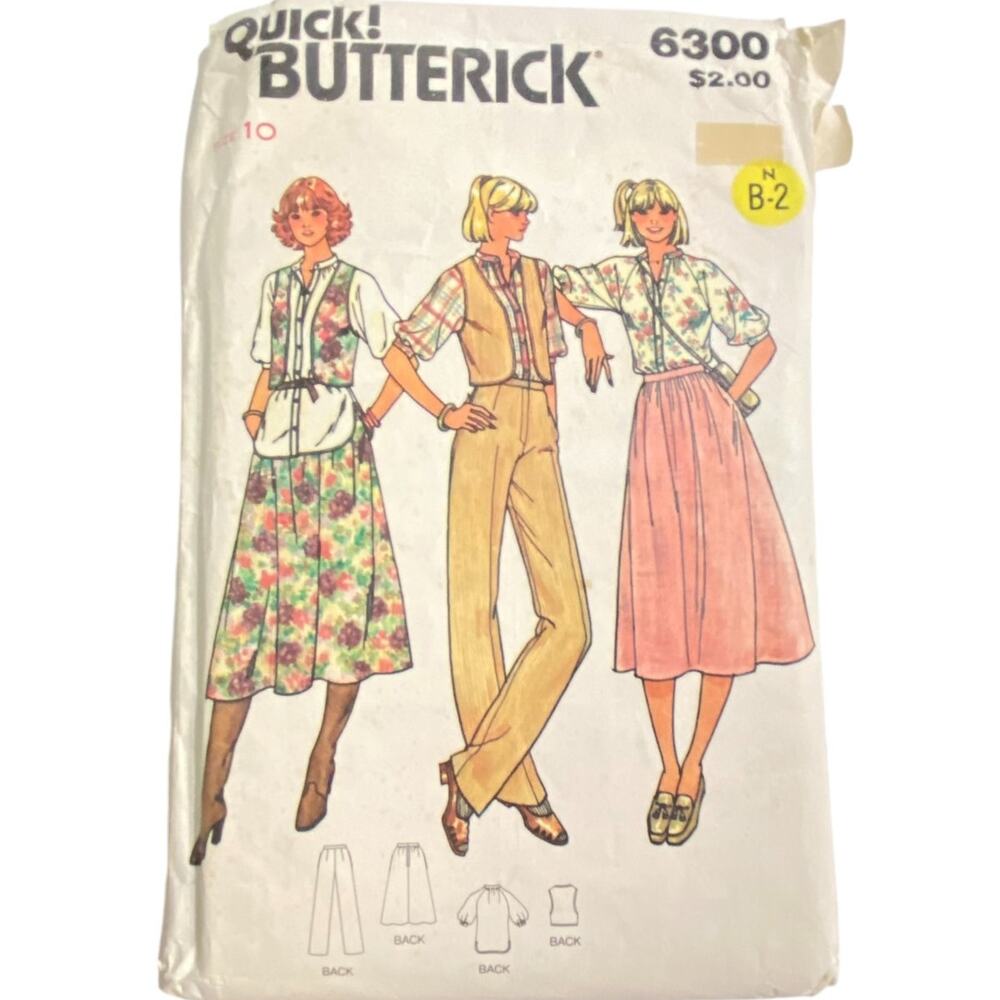 Vintage Top Vest Skirt Pant Pattern Miss 10 Butterick 6300 Long Side Pockets 70s